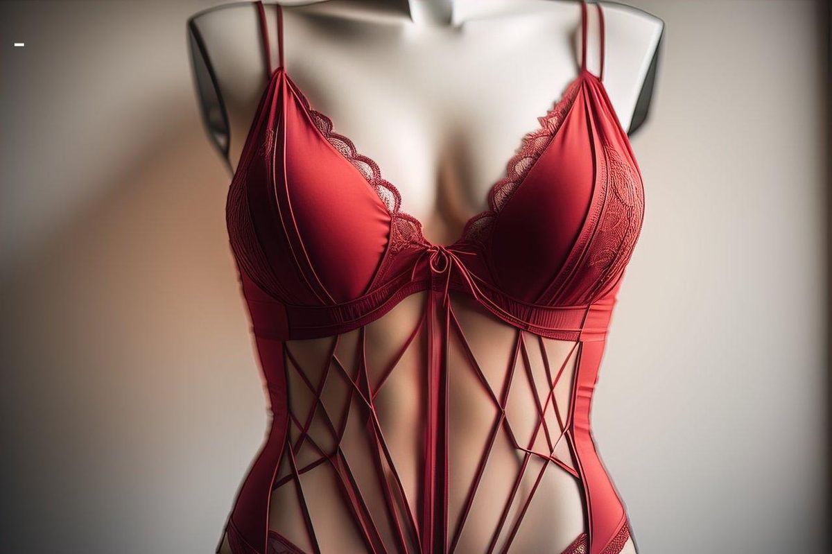 Élégance sculptée: ce body rouge sublime l'art de la féminisation avec style.