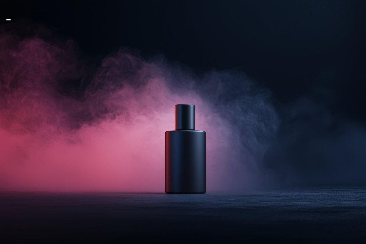 Flacon au cœur d'une brume envoûtante, symbole des parfums défiant les rôles de genre.