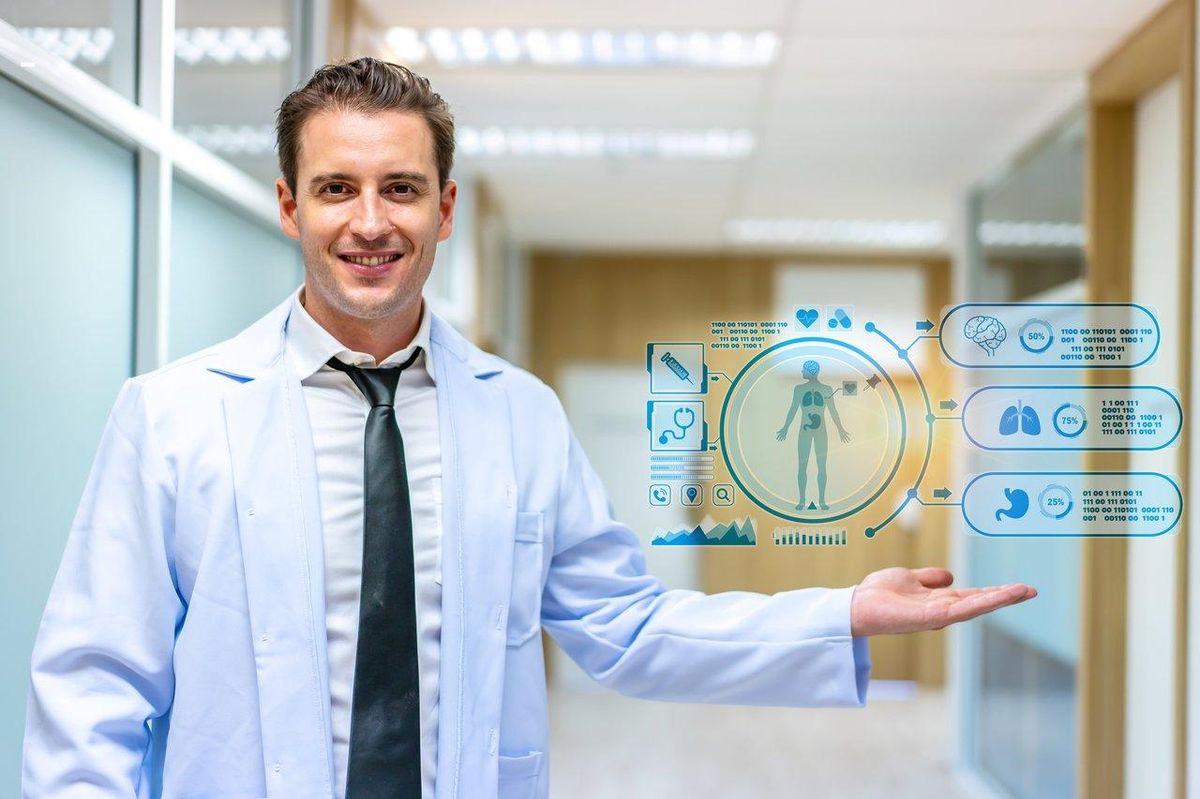 Interface futuriste de téléconsultation médicale avec capteurs corporels pour une exploration anale à distance innovante.
