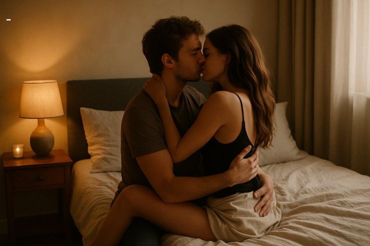 Un couple intime dans une chambre tamisée, prêt pour un rituel pré-plaisir anal en toute confiance.