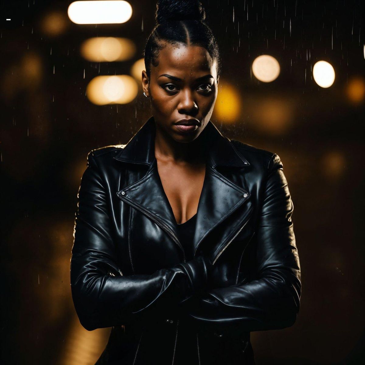Une femme africaine confiante en tenue de cuir sous la pluie, symbole de force intérieure.